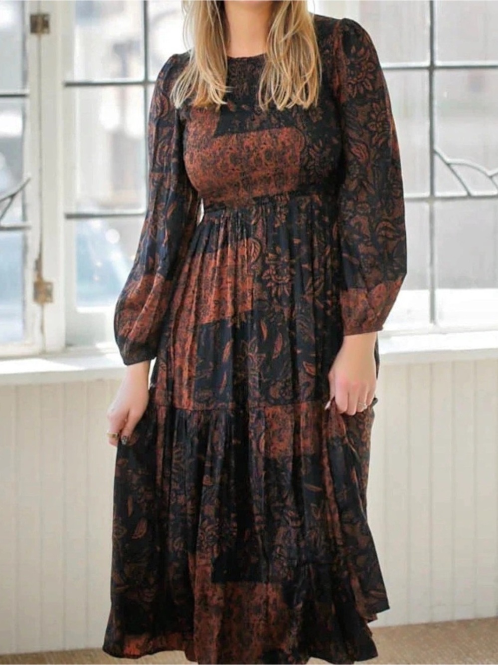 GRADE & GATHER Floral Patchwork Maxi Dress in Black & Brown Size Medium